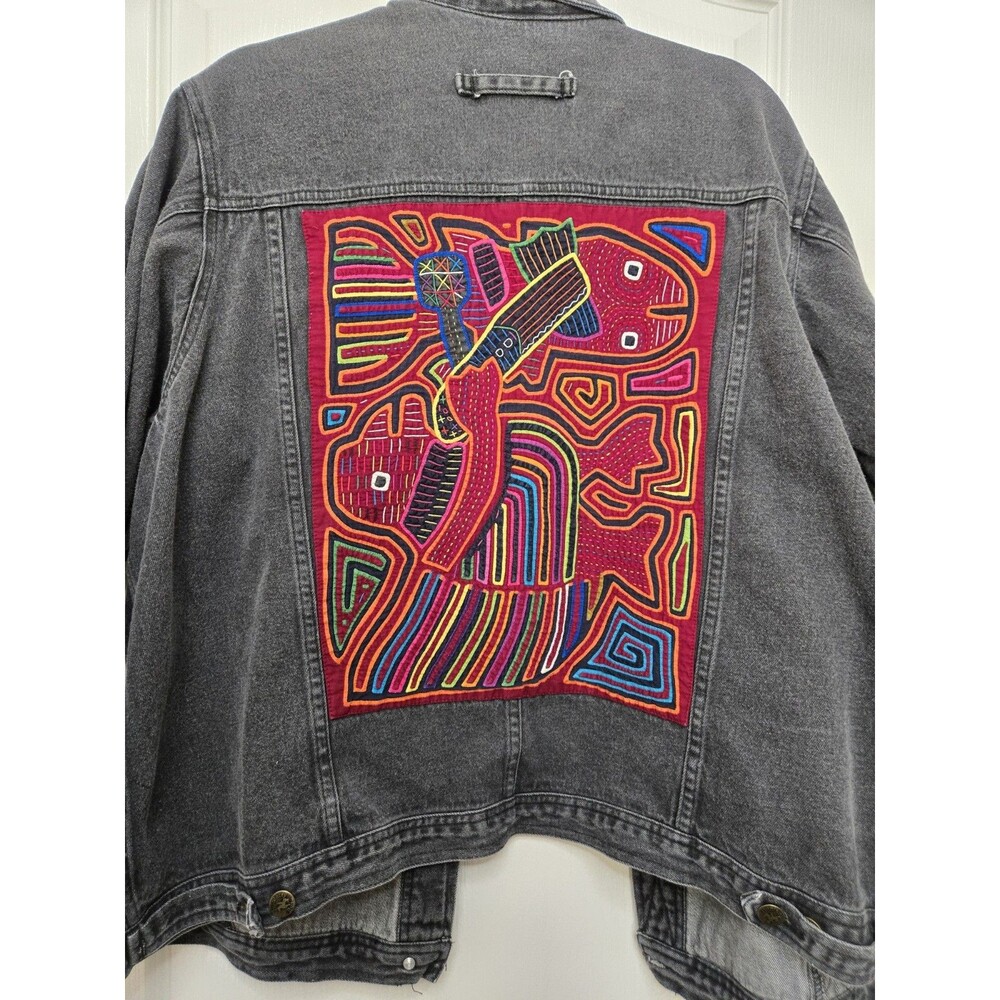 Vintage Hunters Run 1X Gray Denim Jacket Panama Guna Mola Patch Fish Art